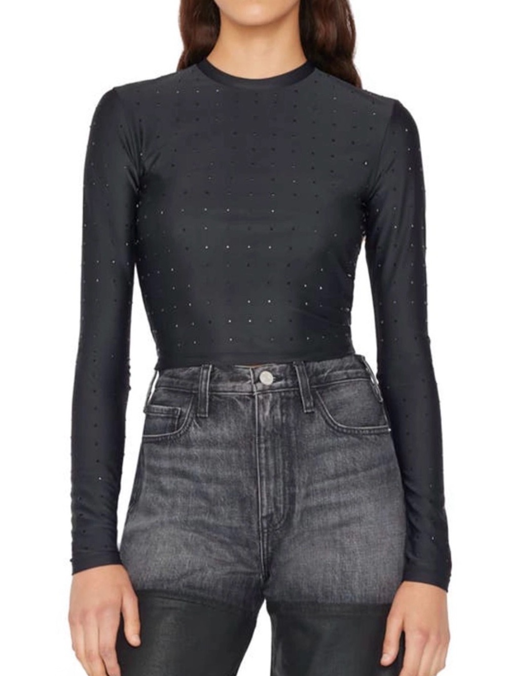 Frame Black Long-Sleeve Crystal Embellished Crop Top